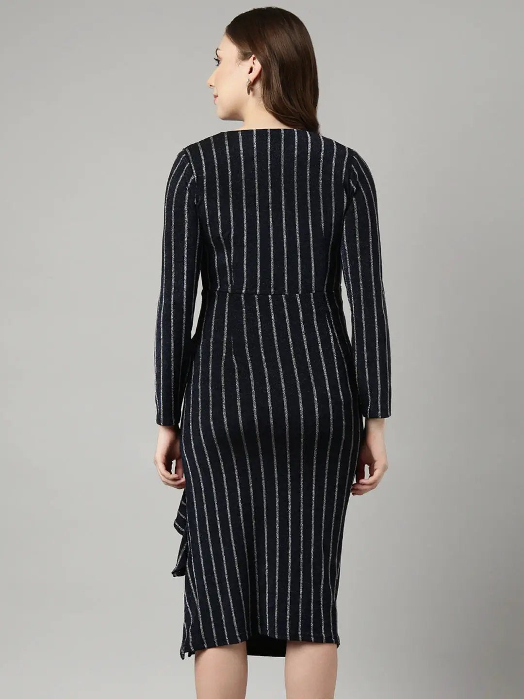 Women's Navy Blue Striped Knee Length Bodycon Dress