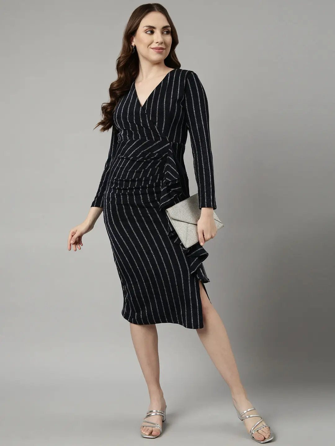 Women's Navy Blue Striped Knee Length Bodycon Dress