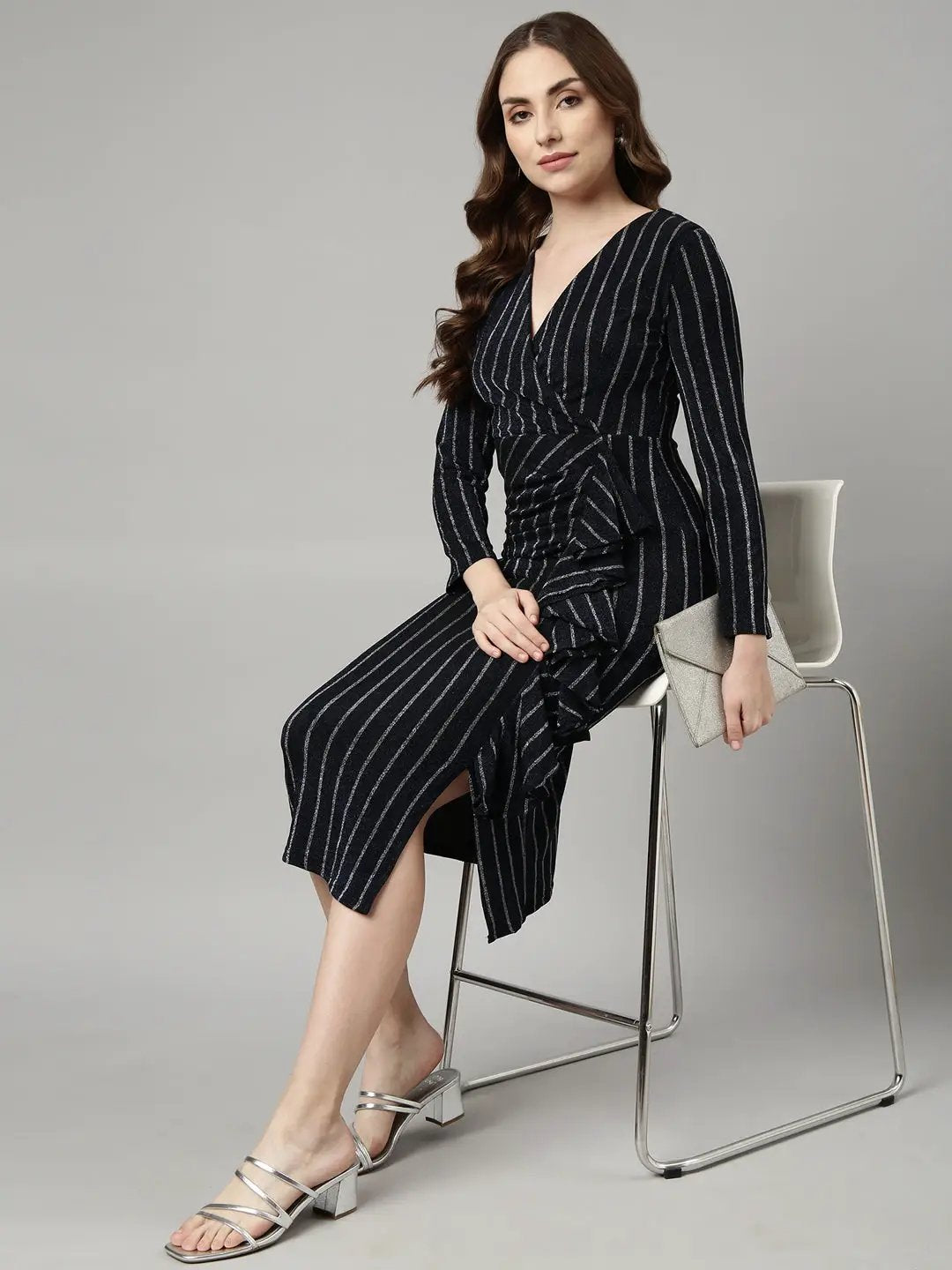 Women's Navy Blue Striped Knee Length Bodycon Dress