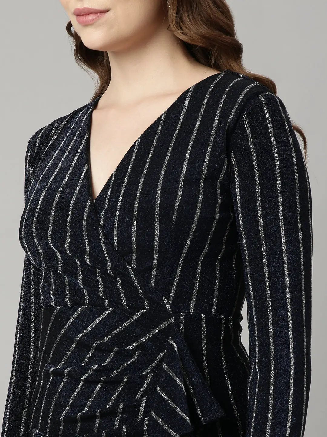 Women's Navy Blue Striped Knee Length Bodycon Dress