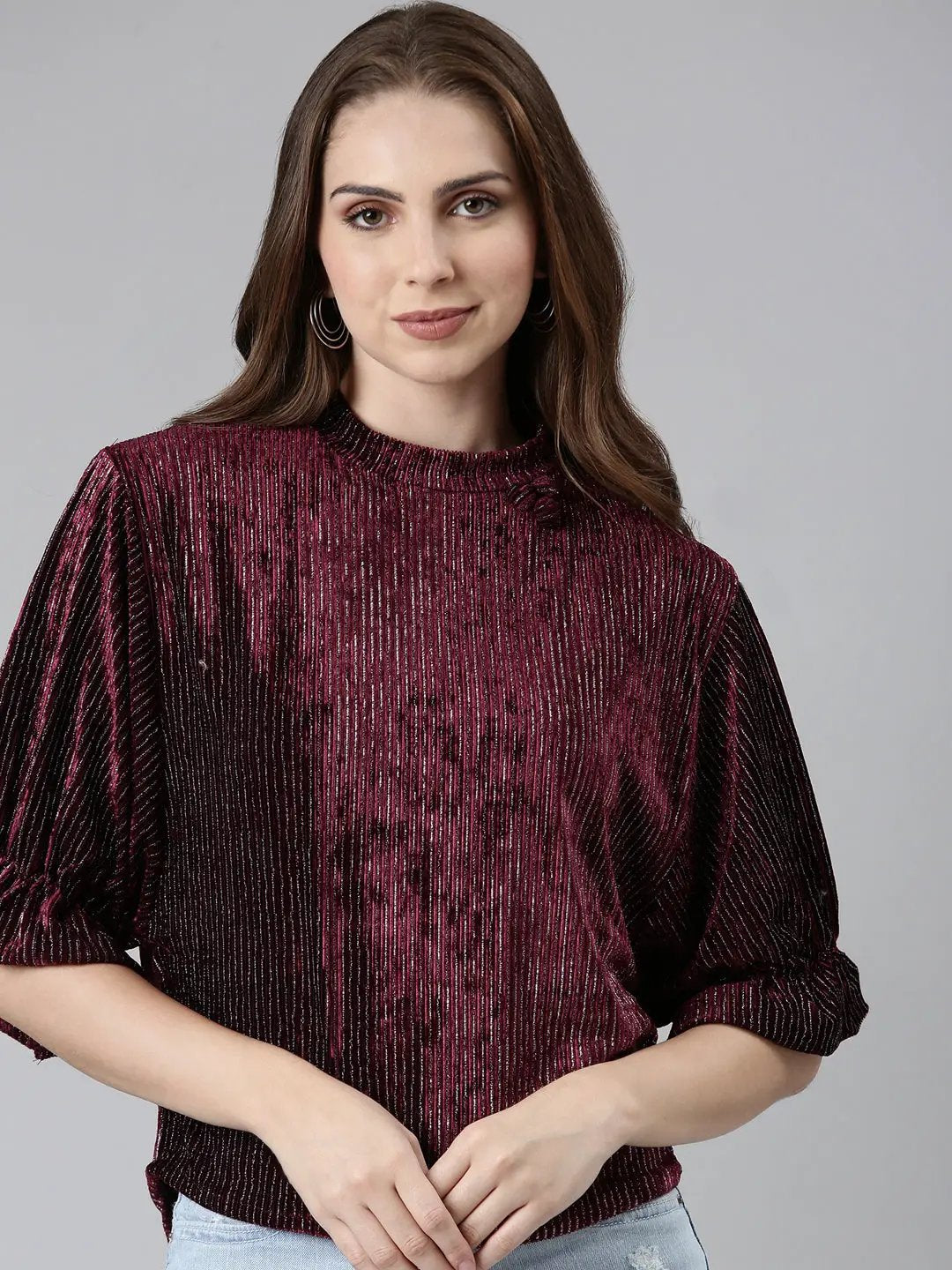 Women's High Neck Puff Sleeves Embellished Blouson Burgundy Regular Top