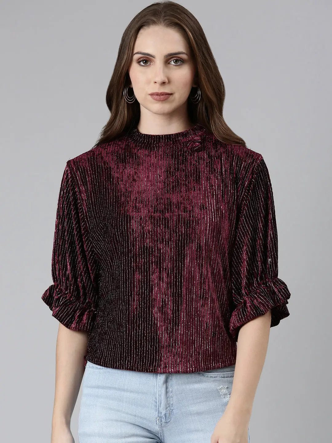 Women's High Neck Puff Sleeves Embellished Blouson Burgundy Regular Top