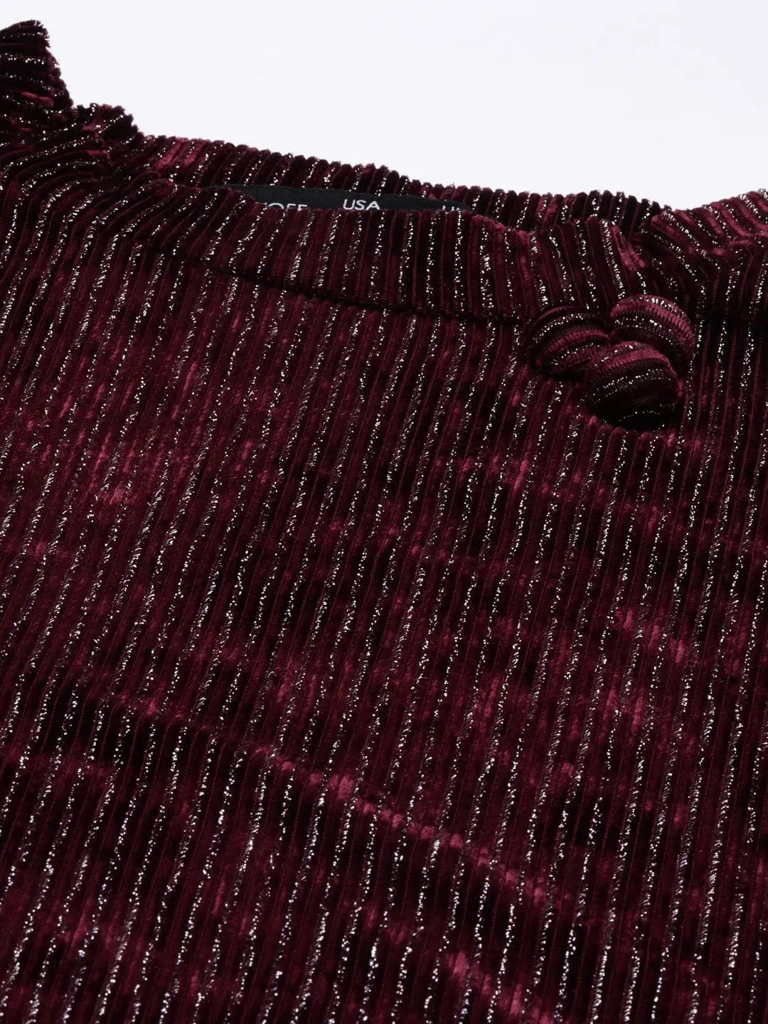 Women's High Neck Puff Sleeves Embellished Blouson Burgundy Regular Top