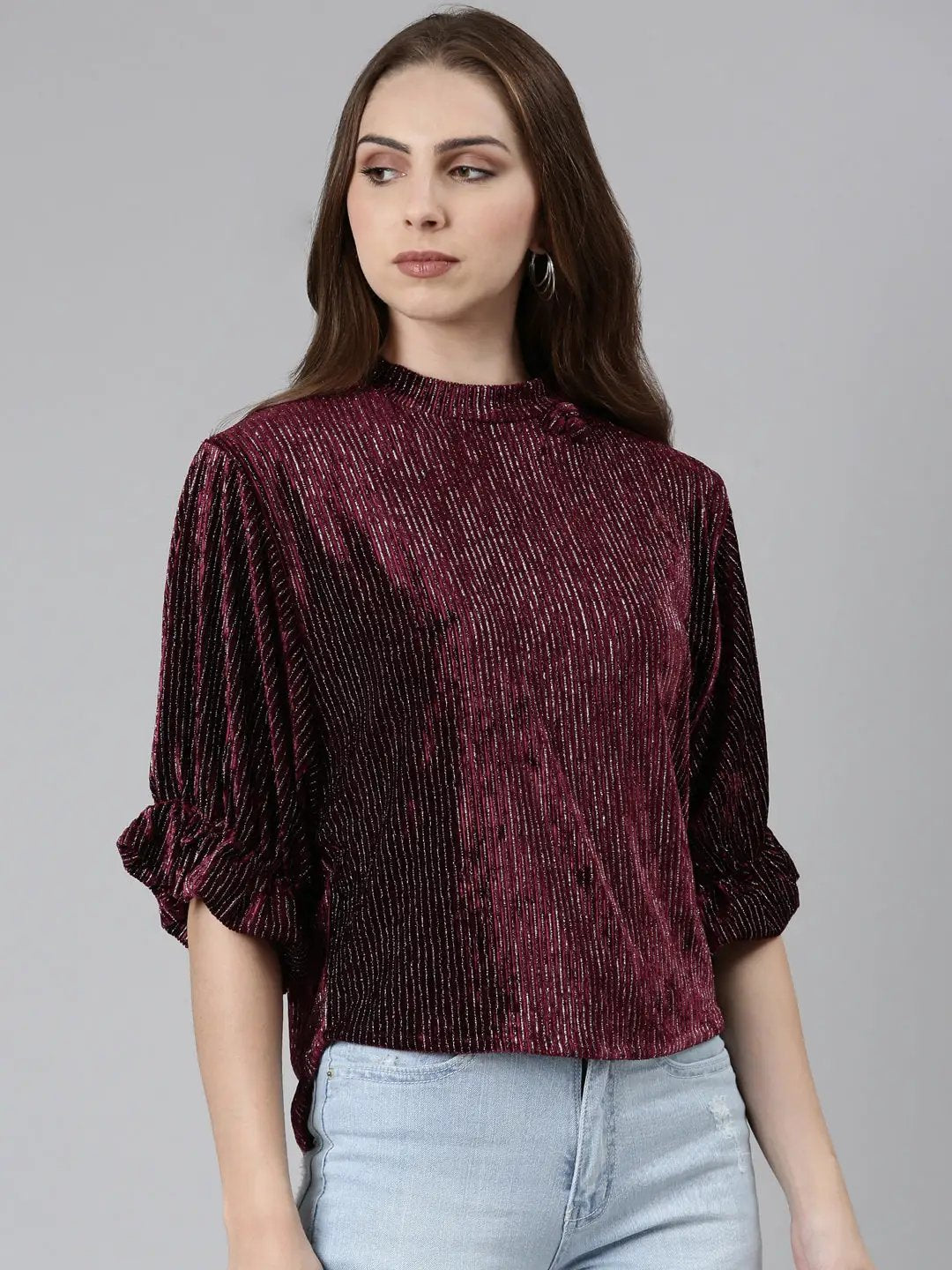 Women's High Neck Puff Sleeves Embellished Blouson Burgundy Regular Top