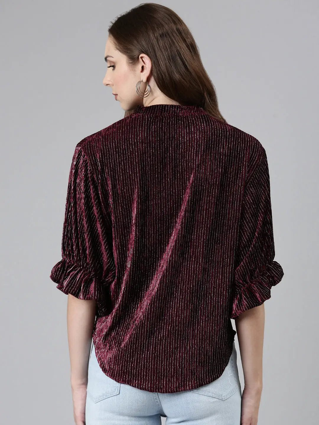 Women's High Neck Puff Sleeves Embellished Blouson Burgundy Regular Top