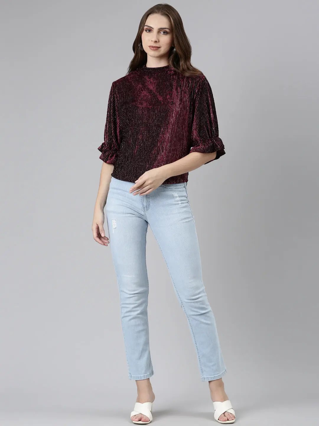 Women's High Neck Puff Sleeves Embellished Blouson Burgundy Regular Top