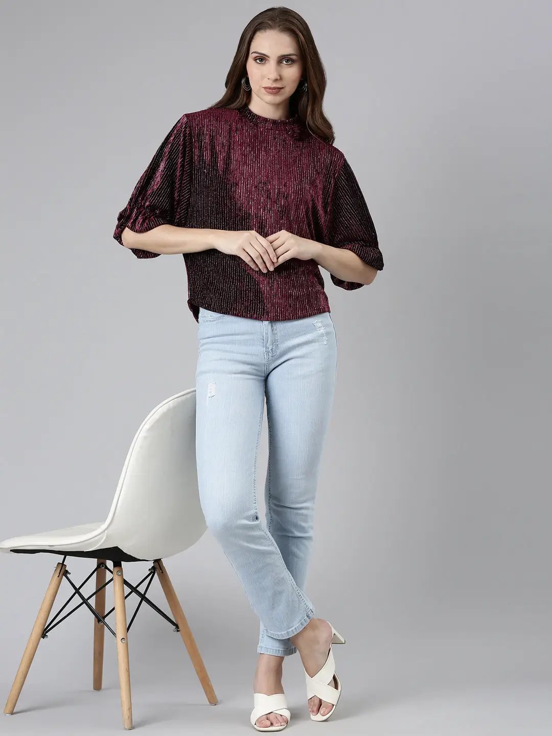 Women's High Neck Puff Sleeves Embellished Blouson Burgundy Regular Top