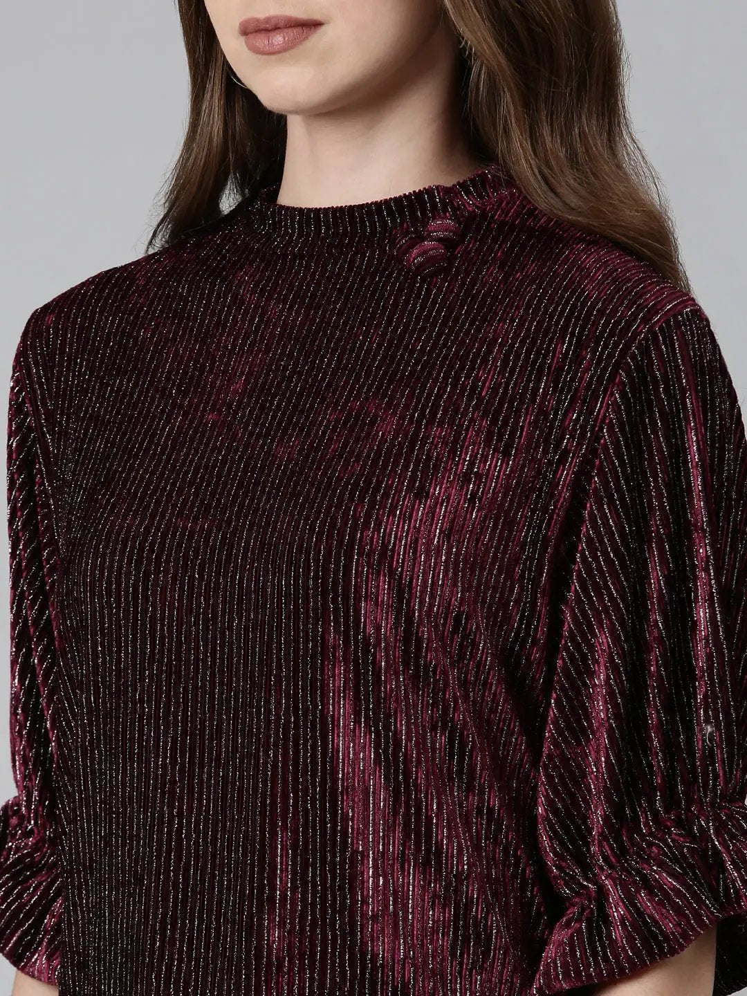 Women's High Neck Puff Sleeves Embellished Blouson Burgundy Regular Top