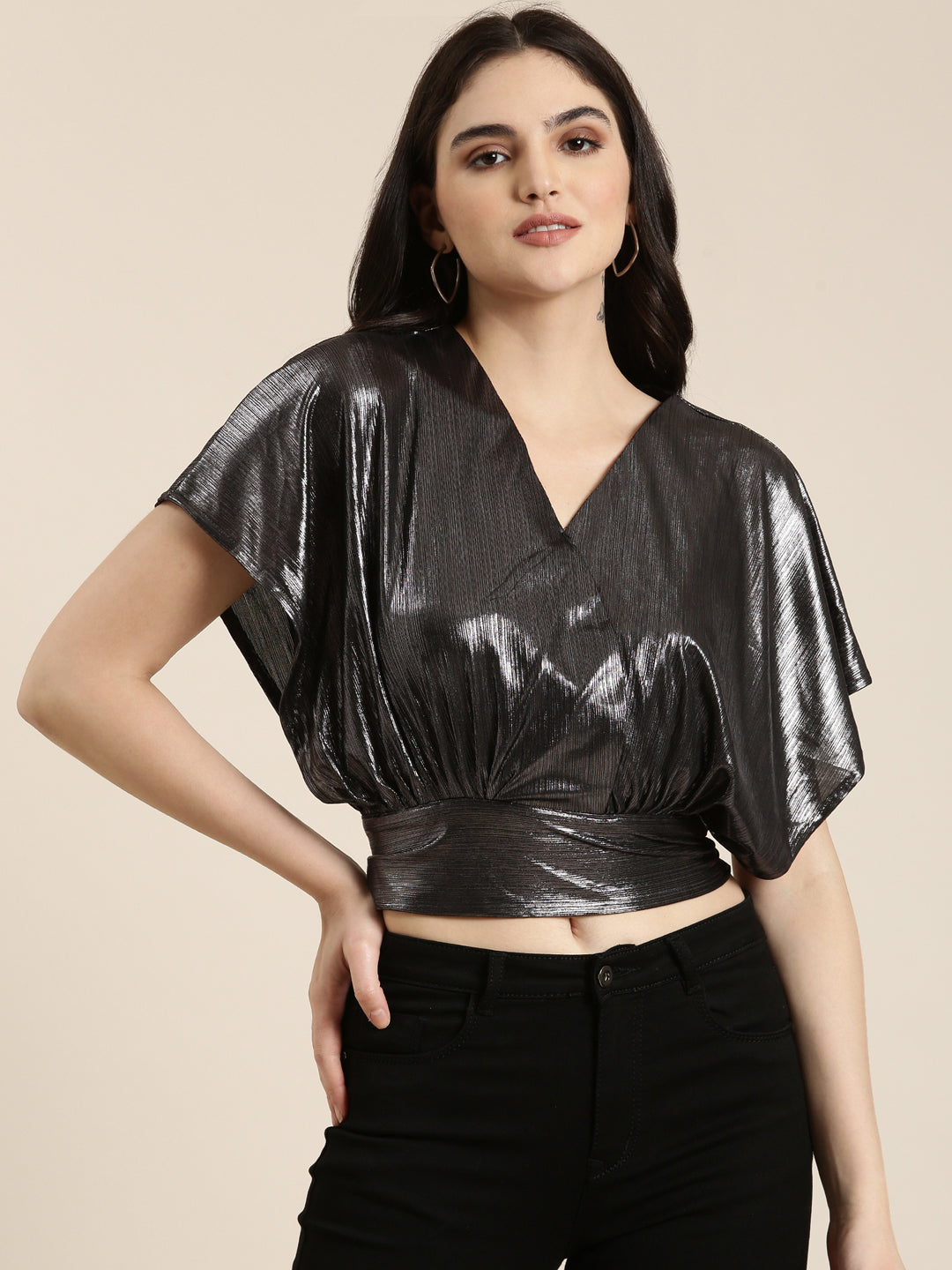 Women Metallic Solid Blouson Crop Top