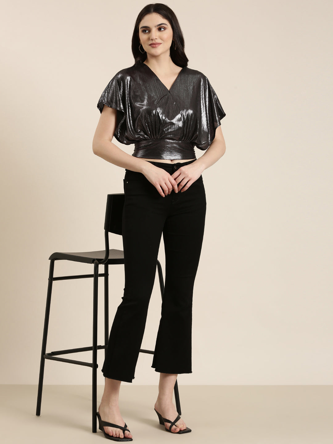 Women Metallic Solid Blouson Crop Top