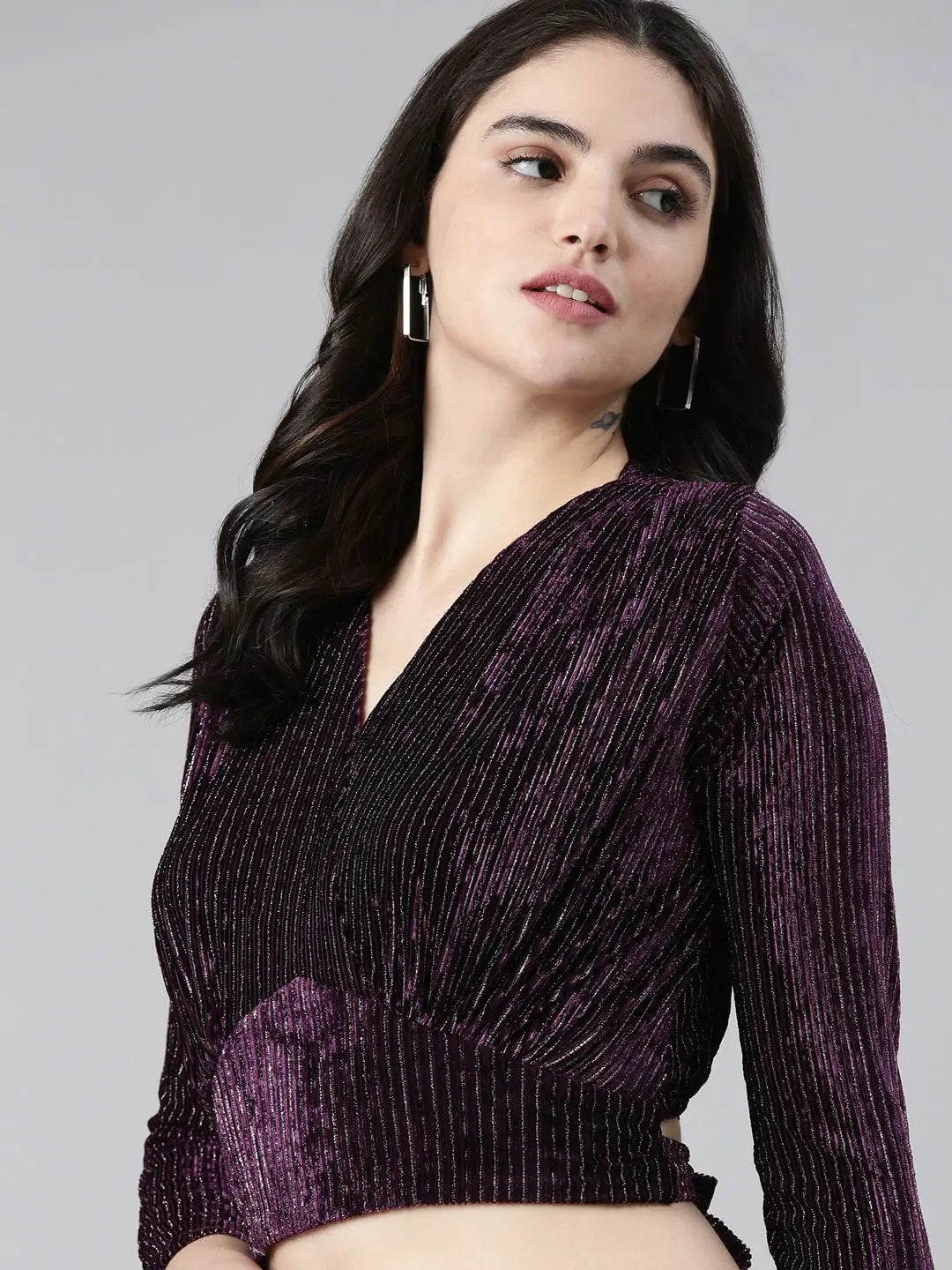 Women's V-Neck Regular Sleeves Self Design Cinched Waist Purple Crop Top