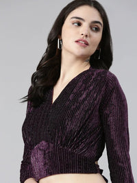 Women's V-Neck Regular Sleeves Self Design Cinched Waist Purple Crop Top