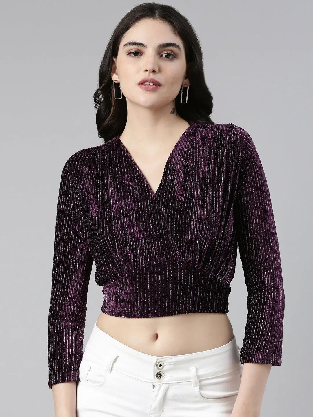 Women's V-Neck Regular Sleeves Self Design Cinched Waist Purple Crop Top