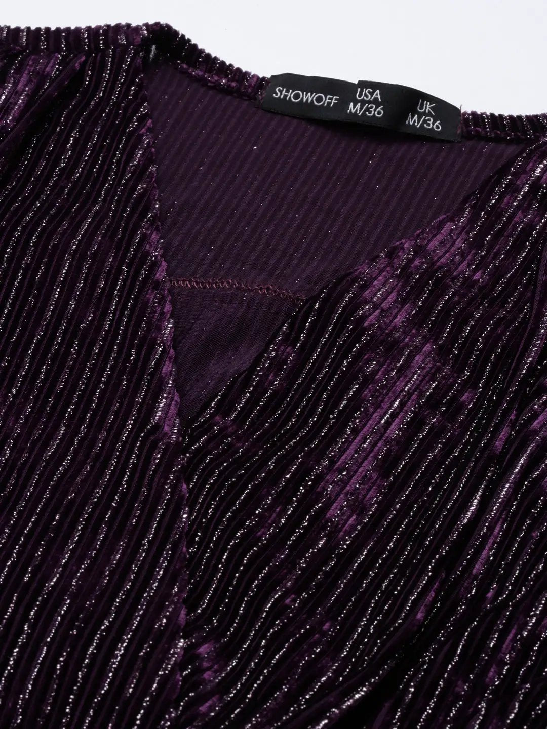 Women's V-Neck Regular Sleeves Self Design Cinched Waist Purple Crop Top