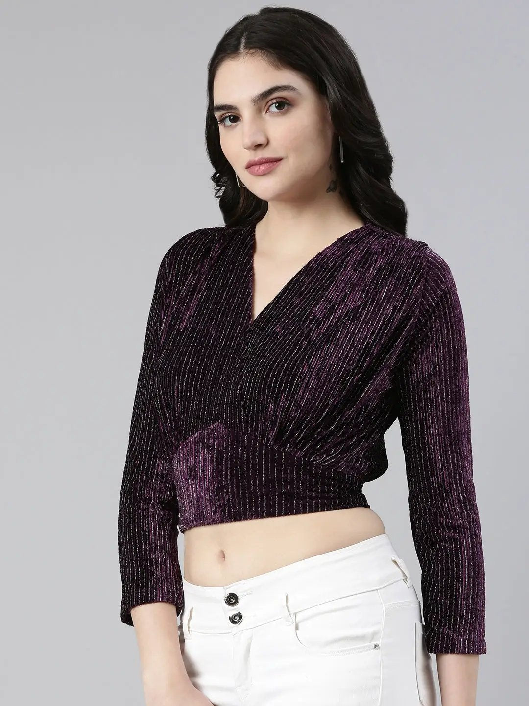 Women's V-Neck Regular Sleeves Self Design Cinched Waist Purple Crop Top