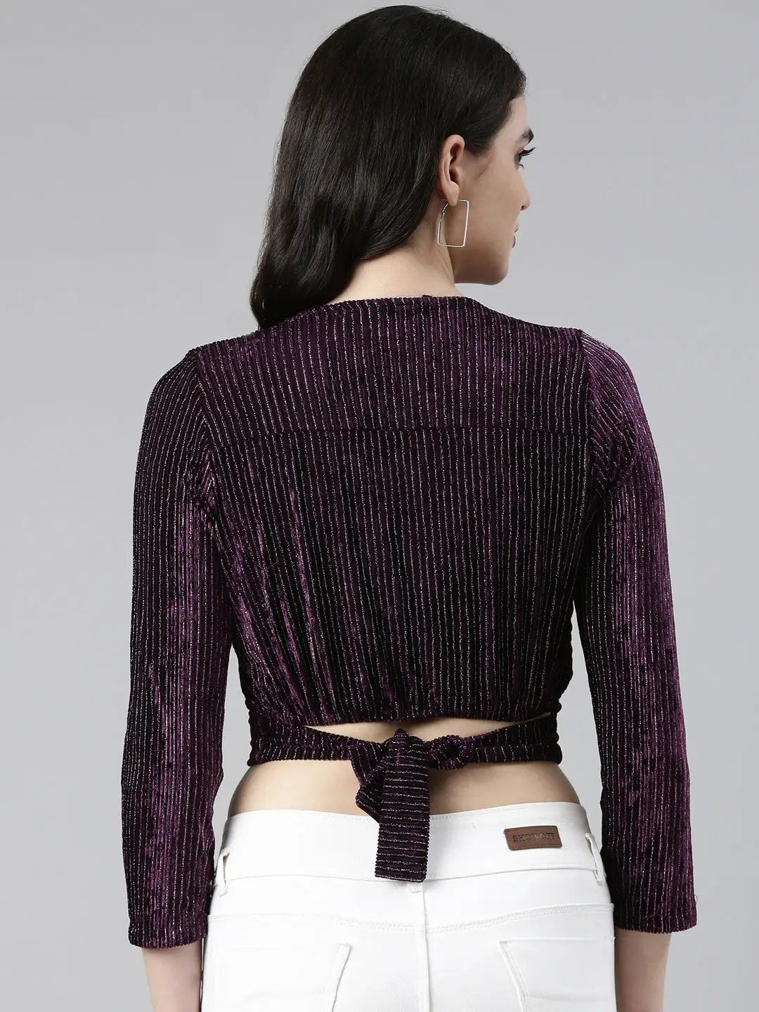 Women's V-Neck Regular Sleeves Self Design Cinched Waist Purple Crop Top