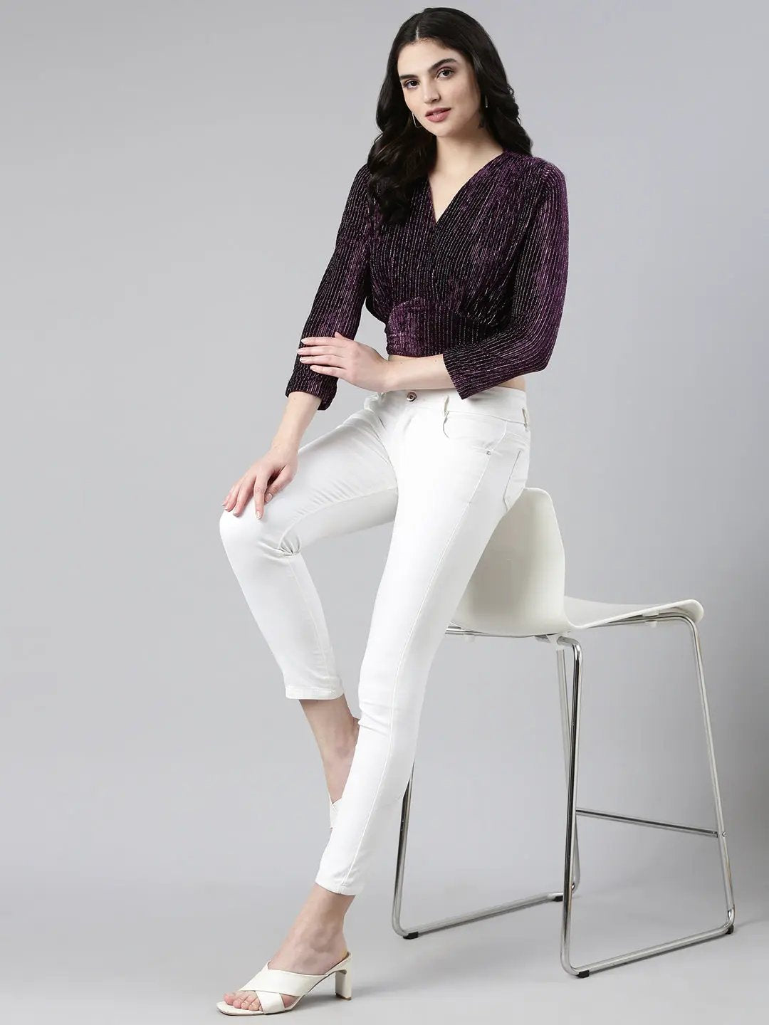 Women's V-Neck Regular Sleeves Self Design Cinched Waist Purple Crop Top