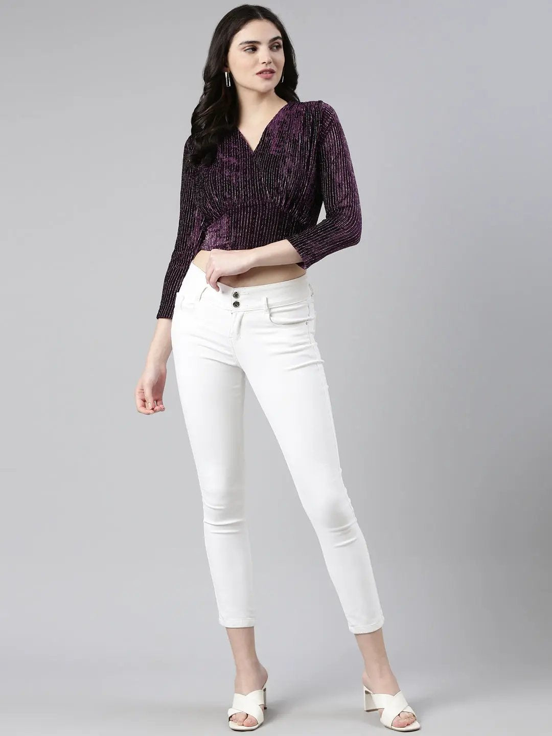 Women's V-Neck Regular Sleeves Self Design Cinched Waist Purple Crop Top