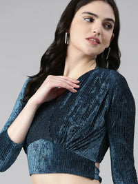 Women's V-Neck Regular Sleeves Self Design Cinched Waist Teal Crop Top