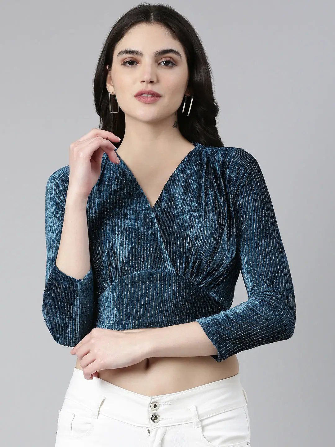 Women's V-Neck Regular Sleeves Self Design Cinched Waist Teal Crop Top