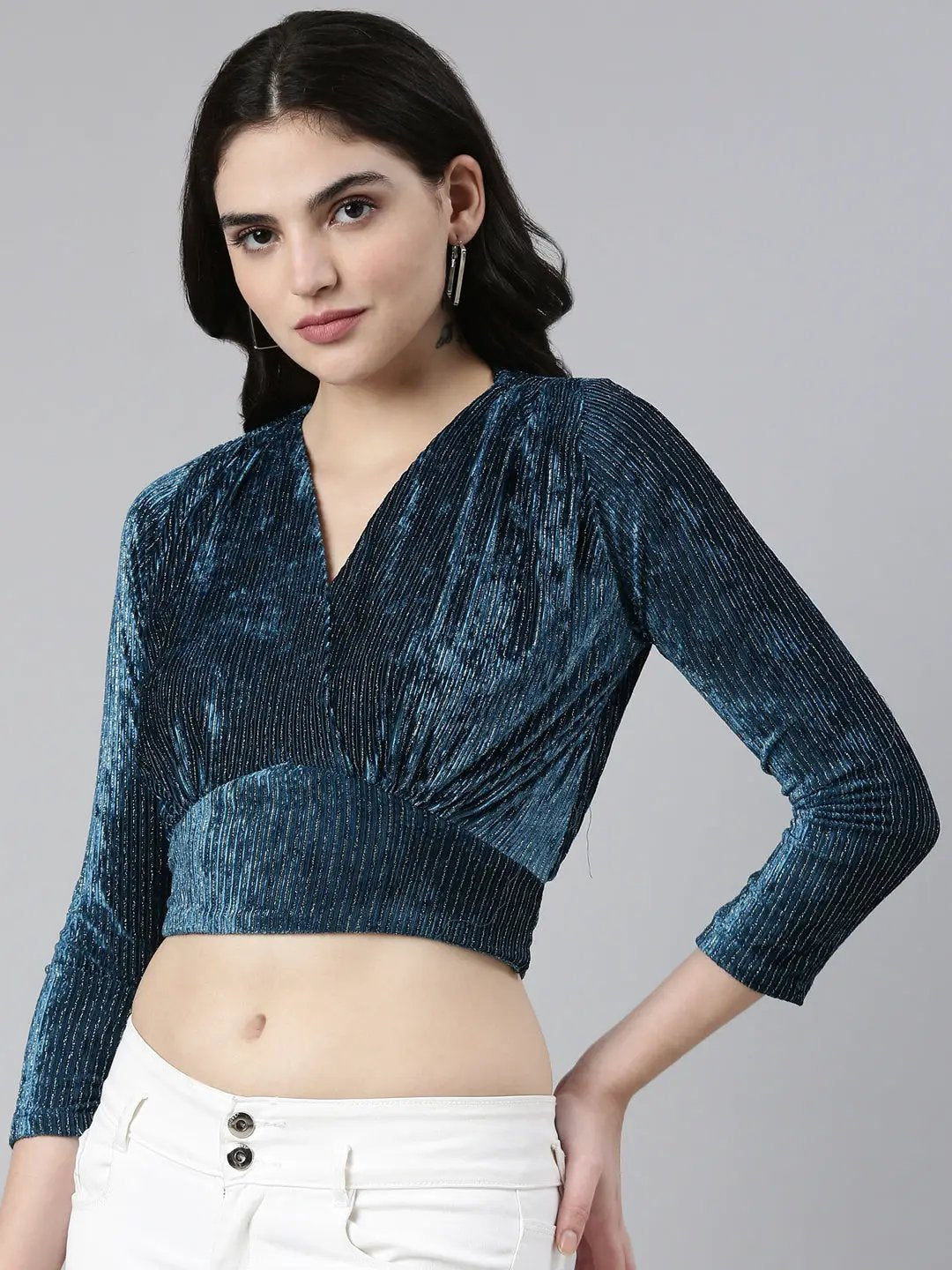 Women's V-Neck Regular Sleeves Self Design Cinched Waist Teal Crop Top