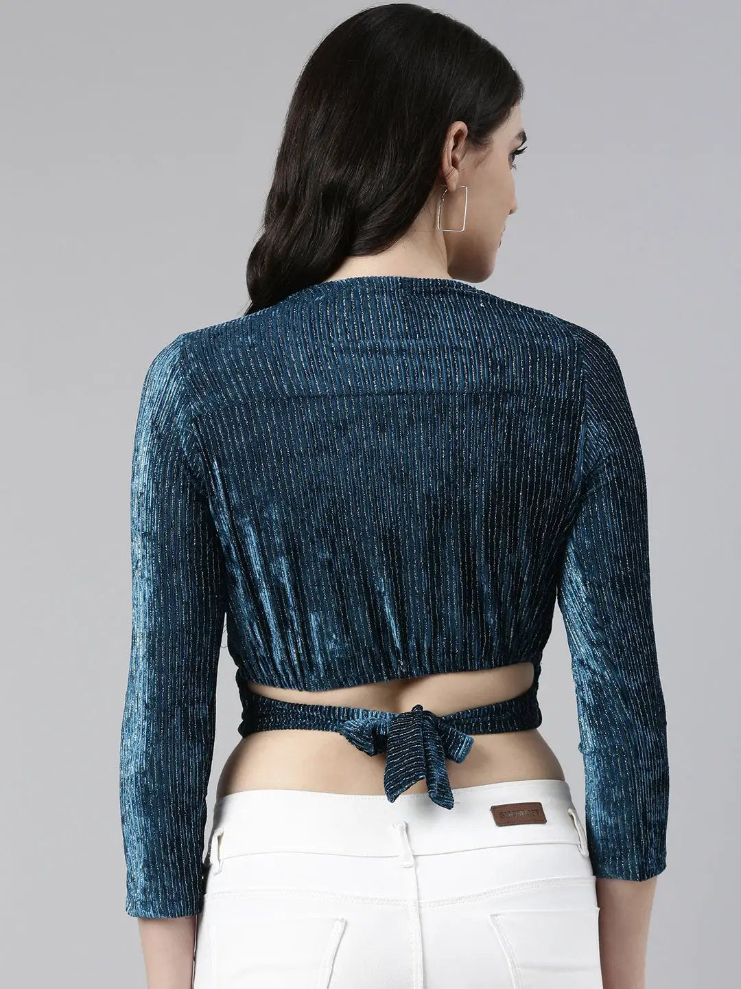 Women's V-Neck Regular Sleeves Self Design Cinched Waist Teal Crop Top