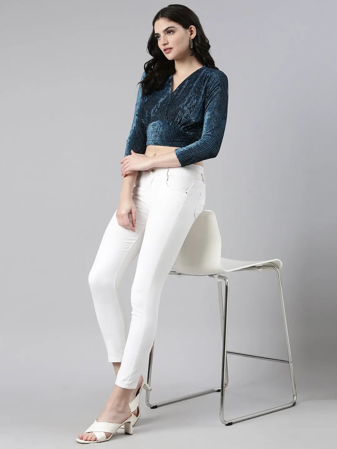 Women's V-Neck Regular Sleeves Self Design Cinched Waist Teal Crop Top