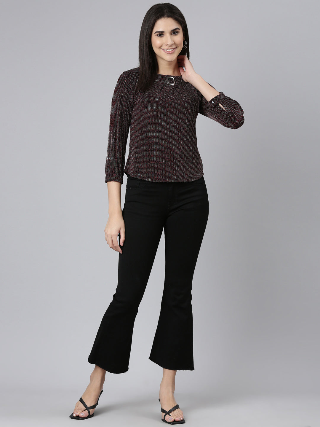 Round Neck Cuffed Sleeves Embellished Maroon Regular Top