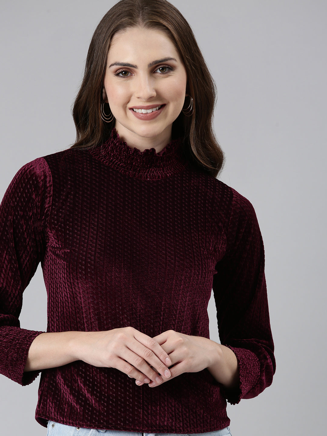 Women High Neck Cuffed Sleeves Solid Burgundy Regular Top