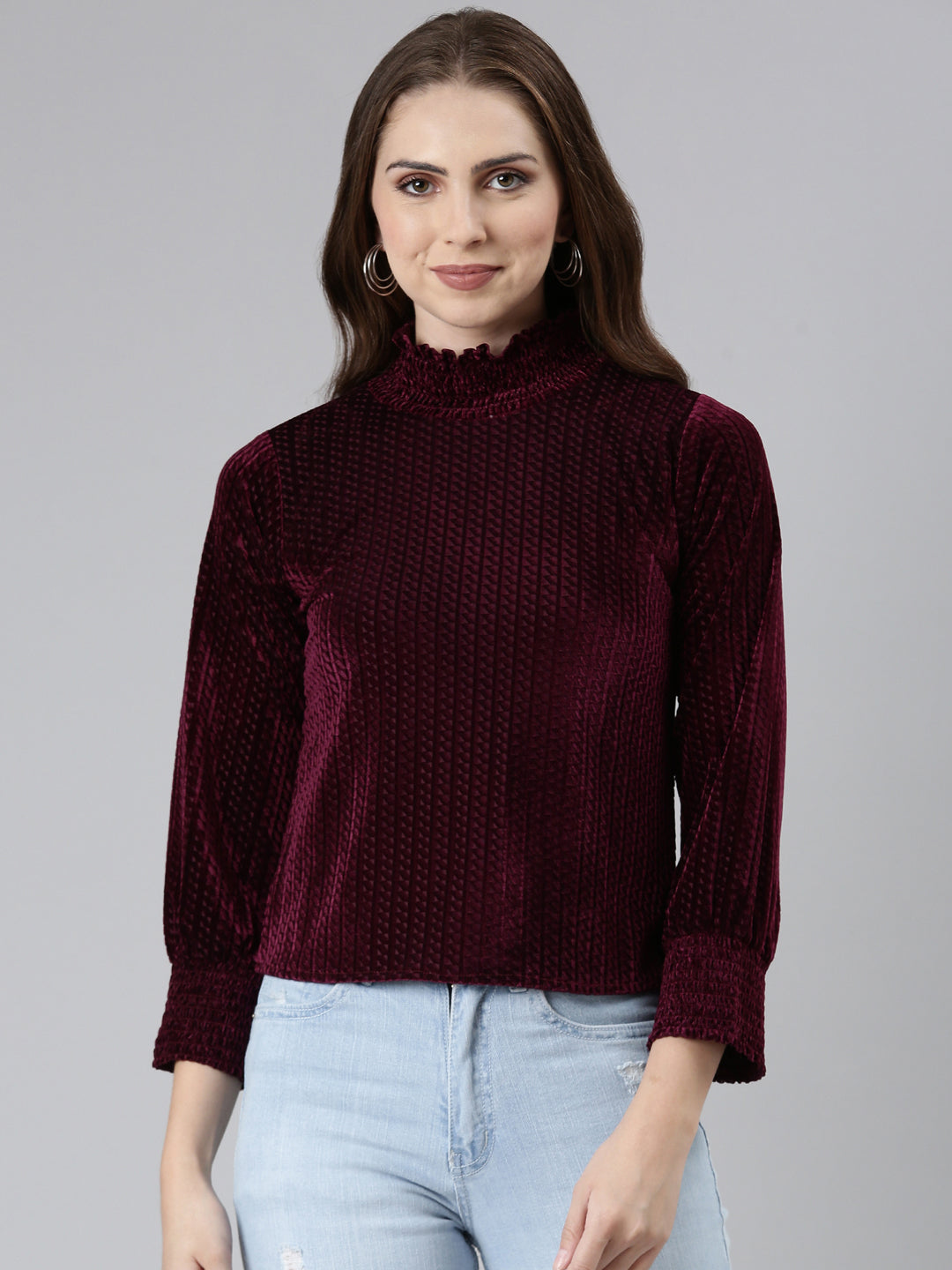 Women High Neck Cuffed Sleeves Solid Burgundy Regular Top