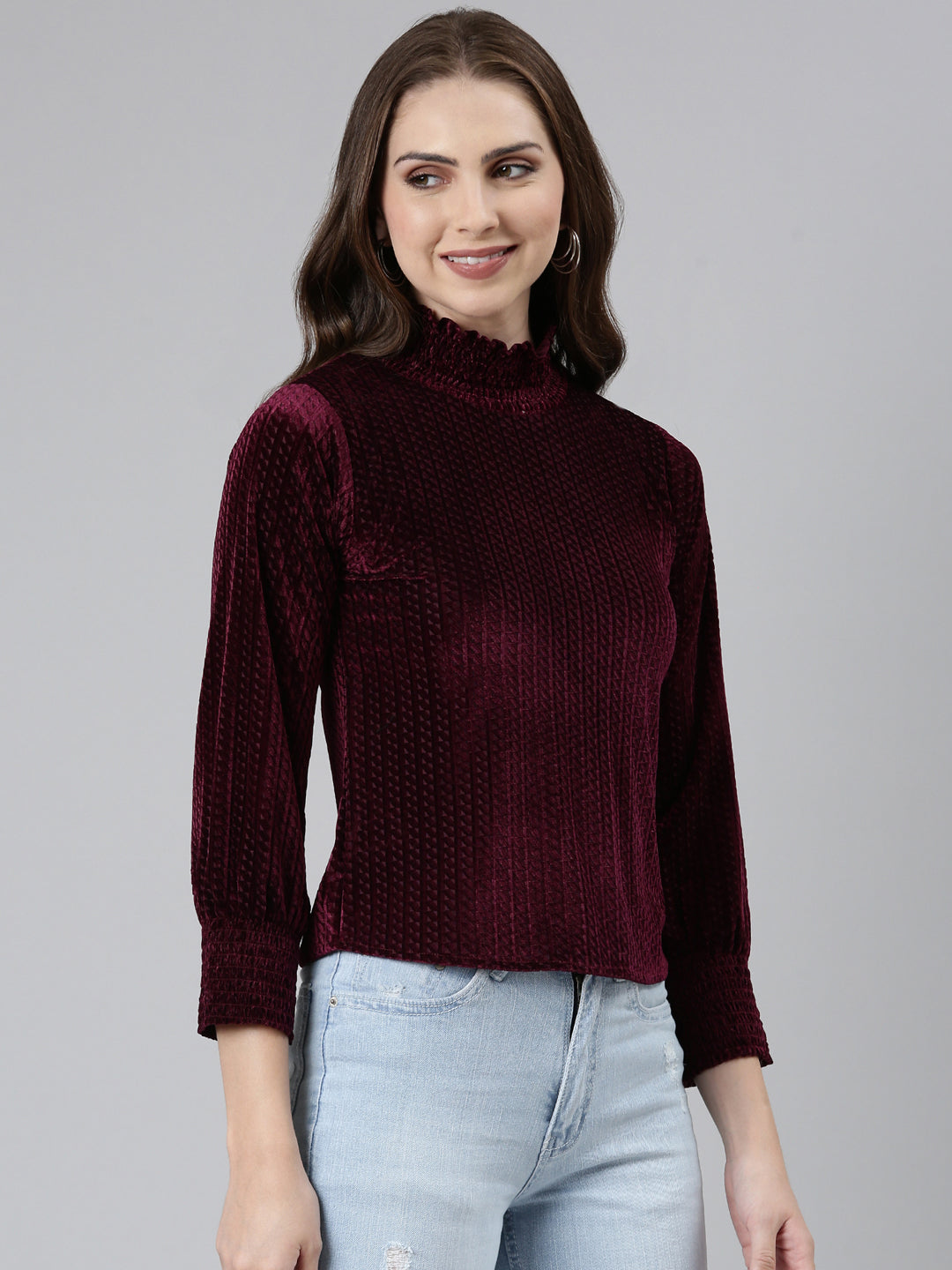 Women High Neck Cuffed Sleeves Solid Burgundy Regular Top