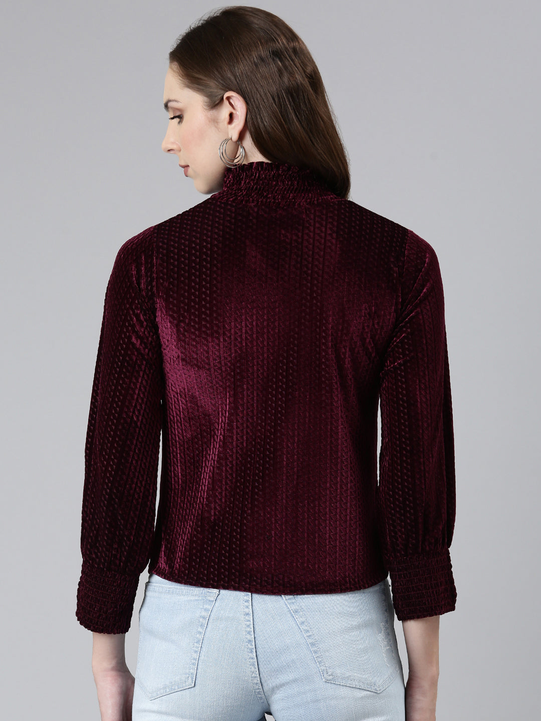 Women High Neck Cuffed Sleeves Solid Burgundy Regular Top