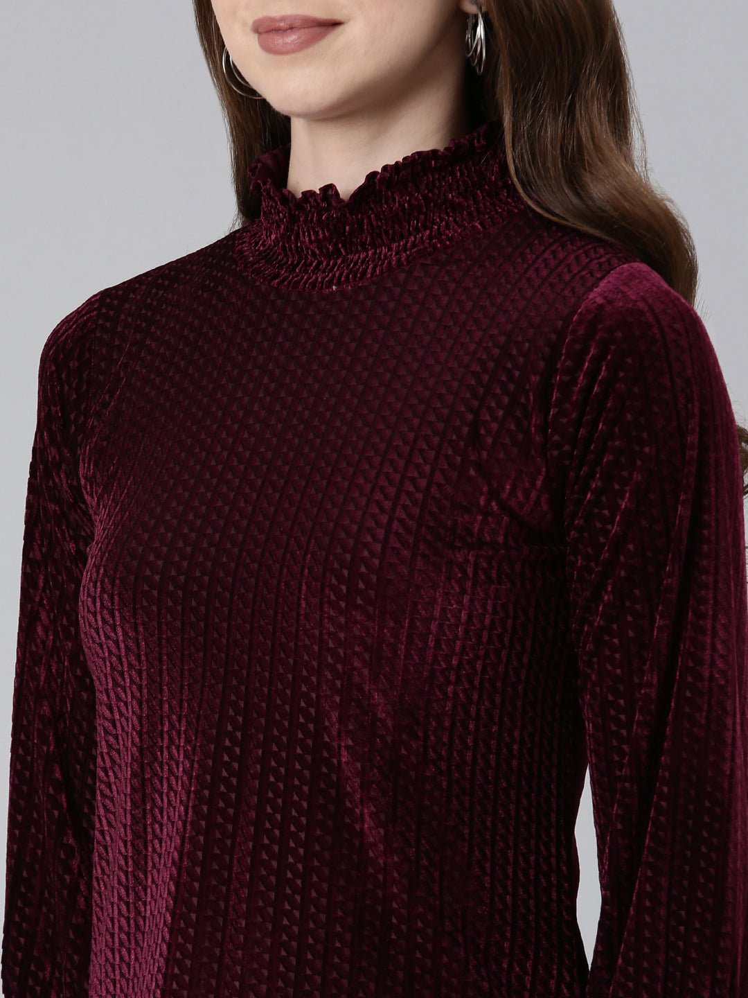 Women High Neck Cuffed Sleeves Solid Burgundy Regular Top