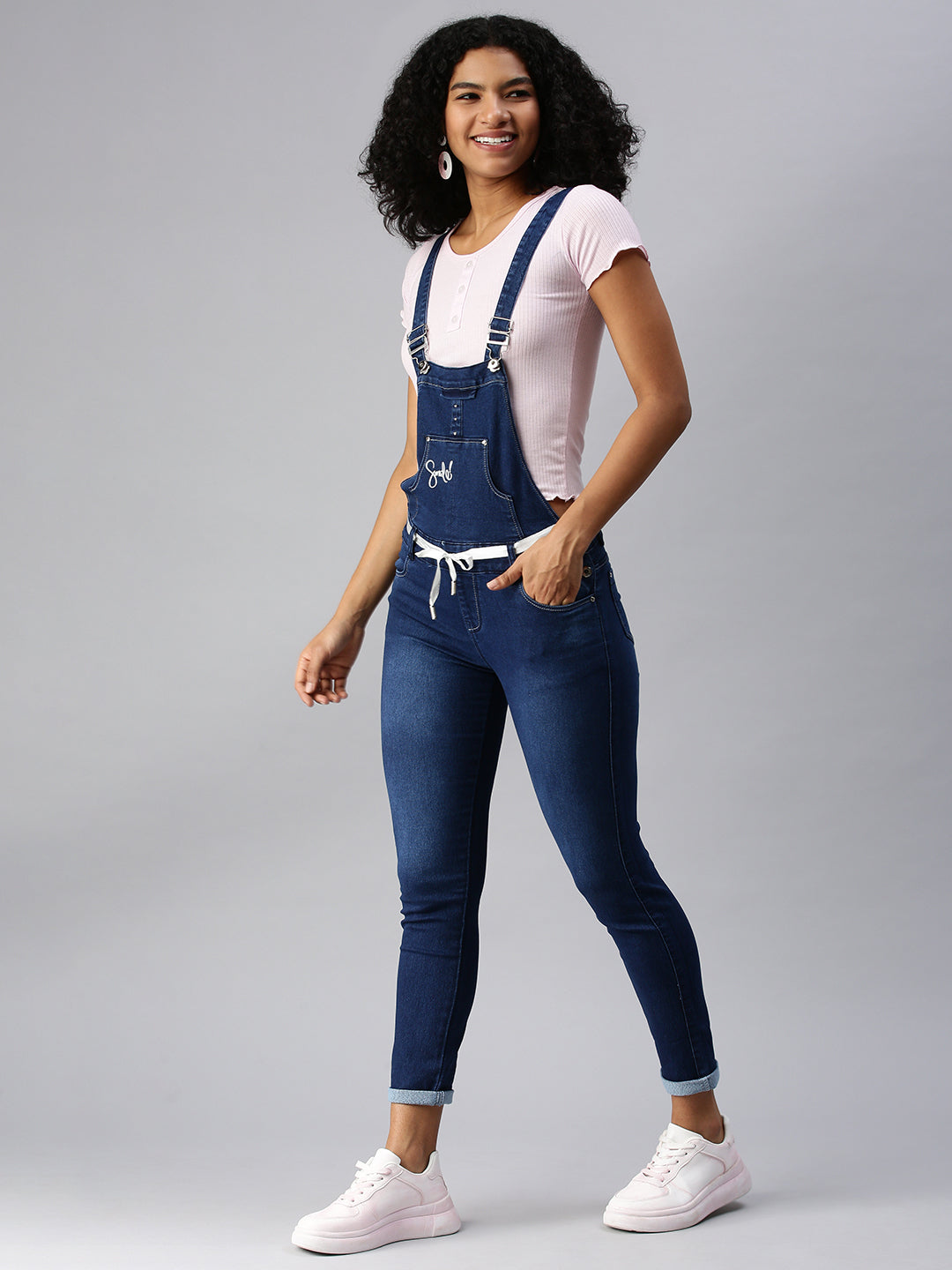 Women's Navy Blue Solid Dungarees