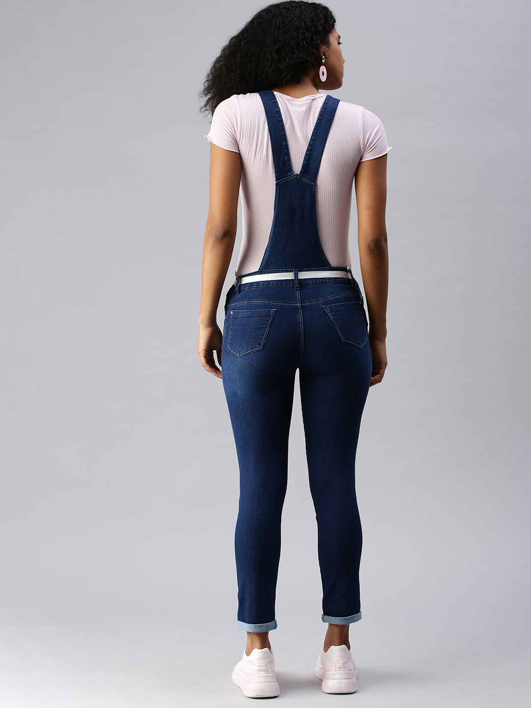 Women's Navy Blue Solid Dungarees