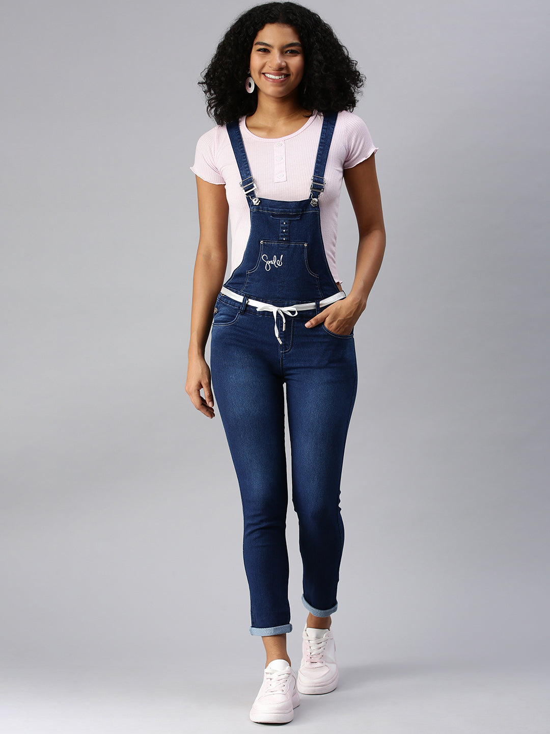 Women's Navy Blue Solid Dungarees