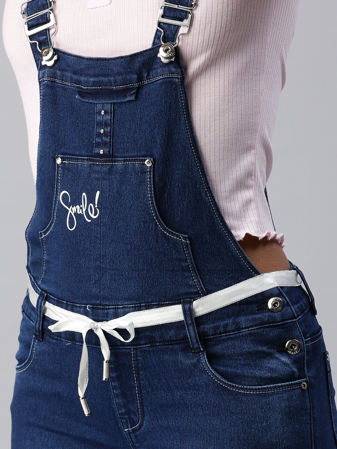 Women's Navy Blue Solid Dungarees