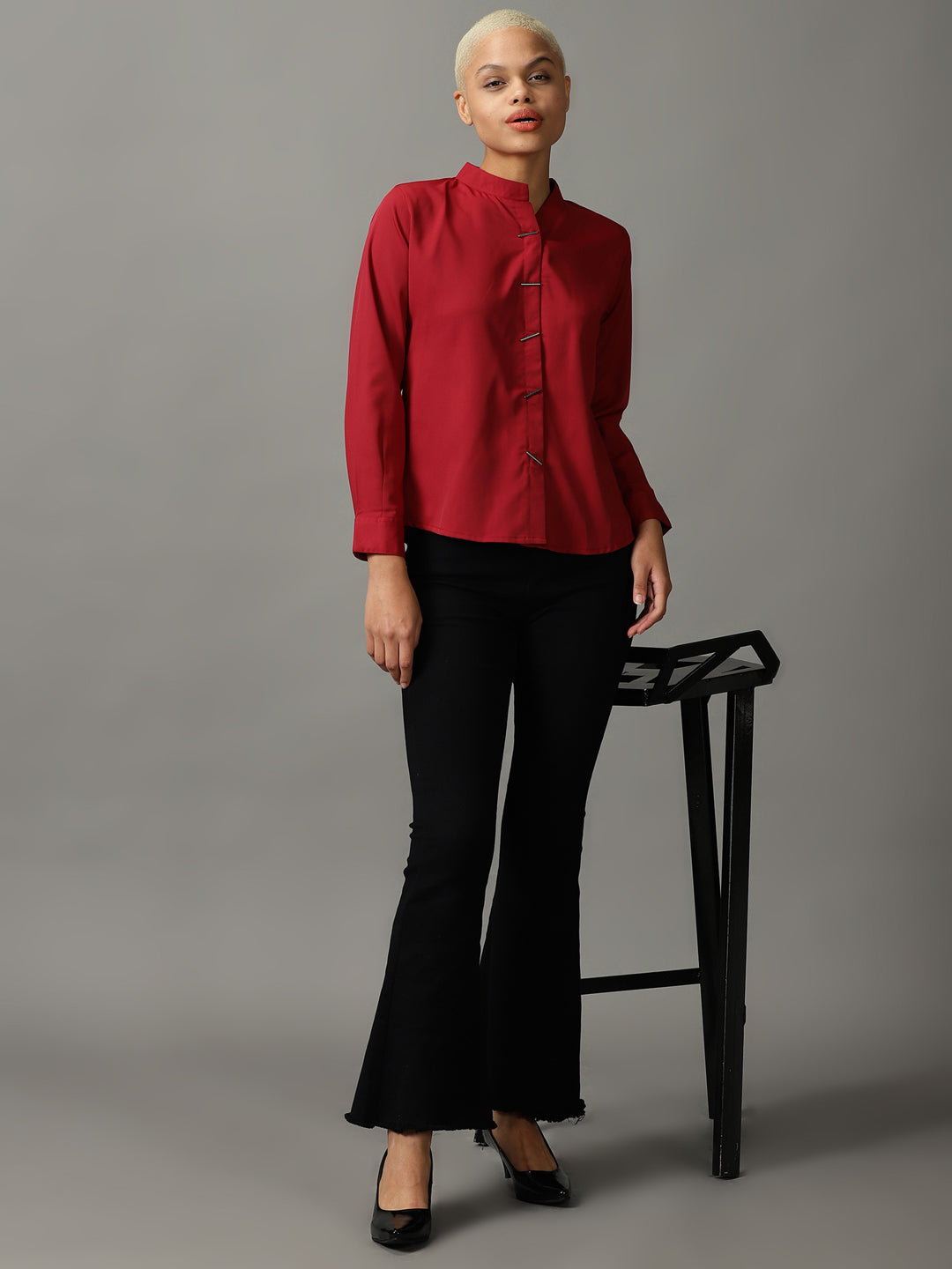 Shop Women's Maroon Mandarin Collar Casual Shirt Showoffff