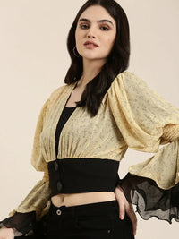 Women's Yellow Floral Printed Flared Sleeve Layered Chiffon Crop Top