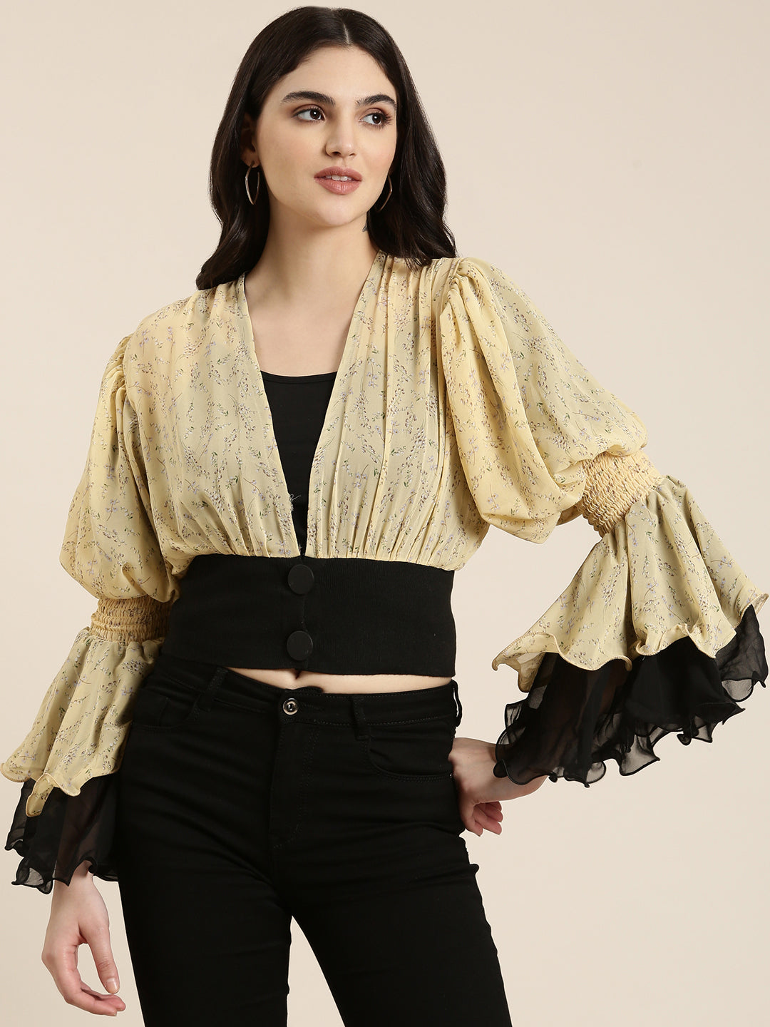 Printed Chiffon Regular Yellow Tops