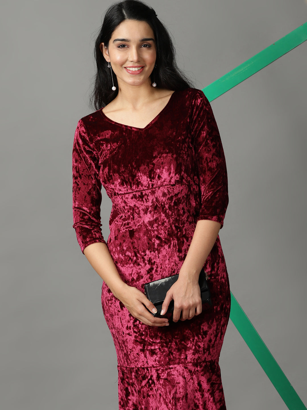 Women's Magenta Solid Wrap Dress