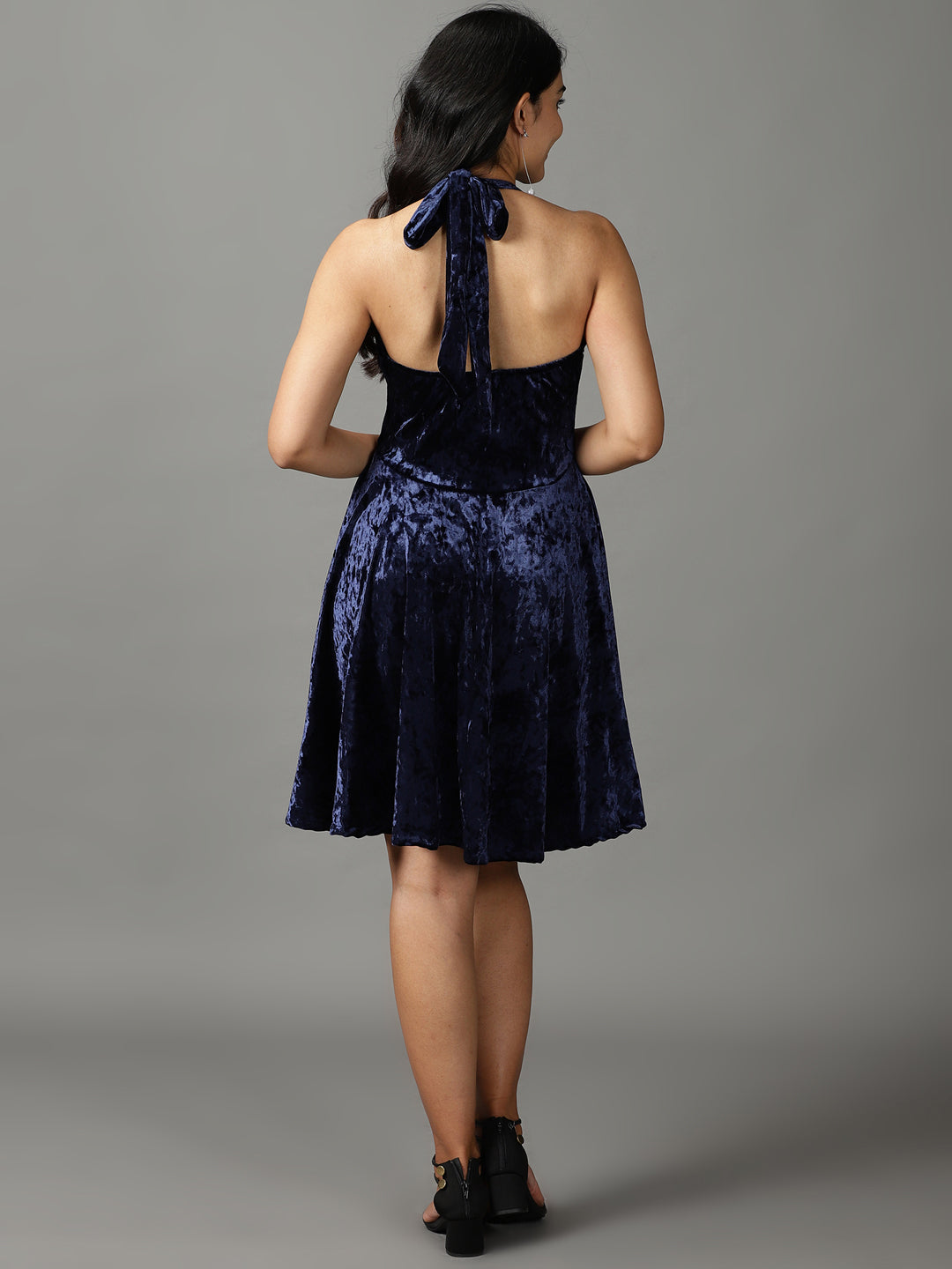 Women's Navy Blue Solid Fit and Flare Dress