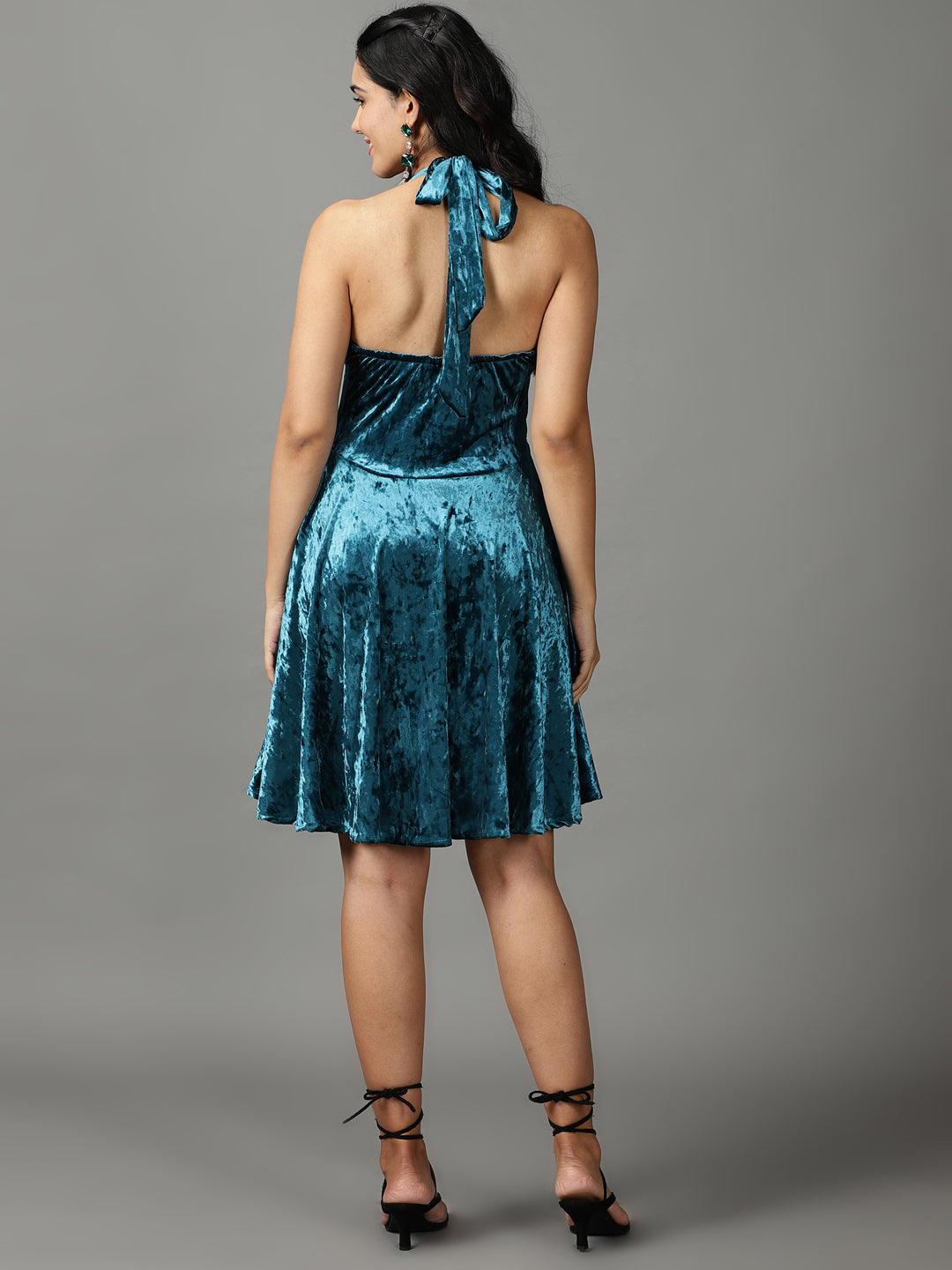 Women's Turquoise Blue Solid Fit and Flare Dress