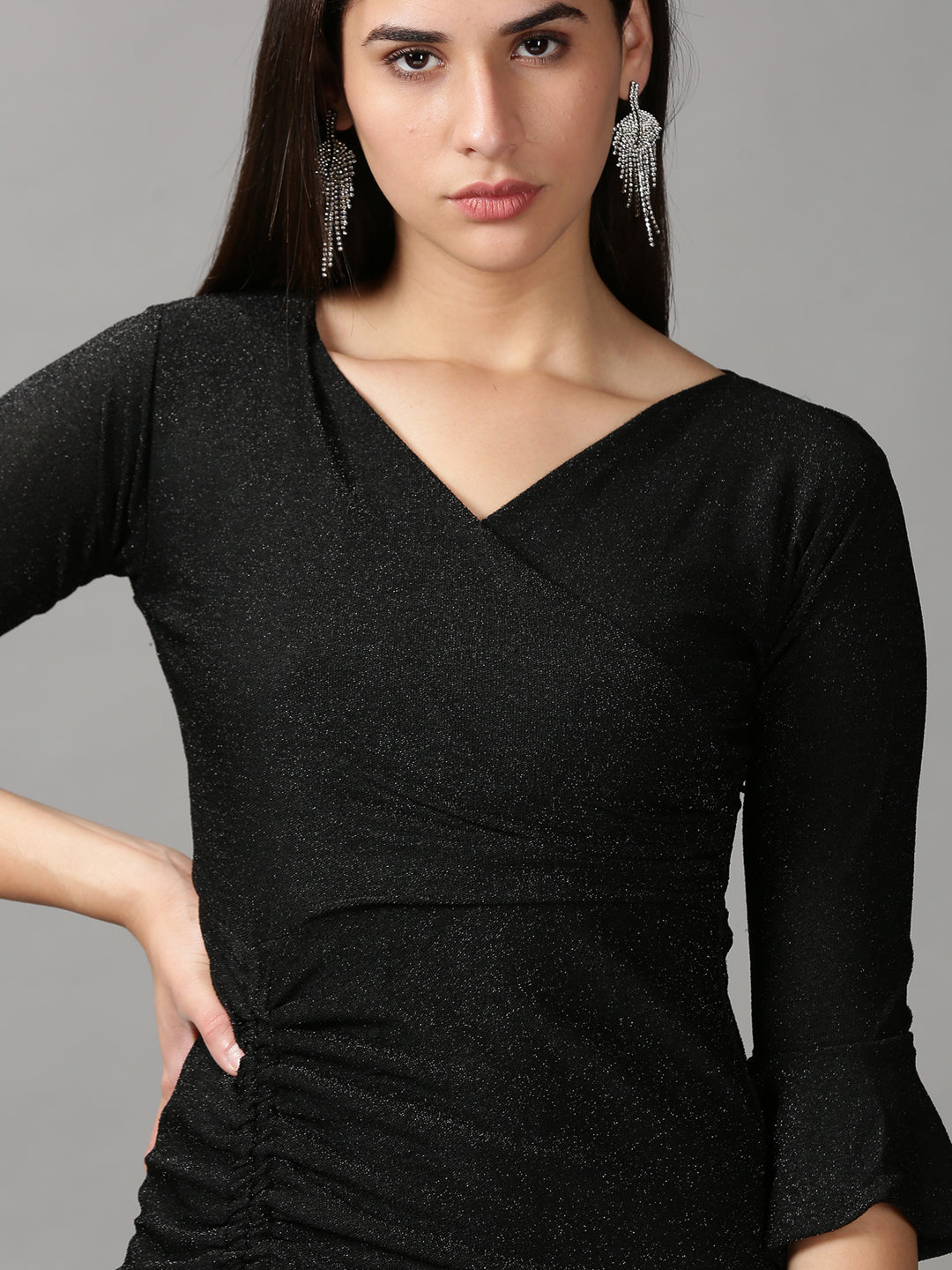 Women's Black Solid Wrap Dress