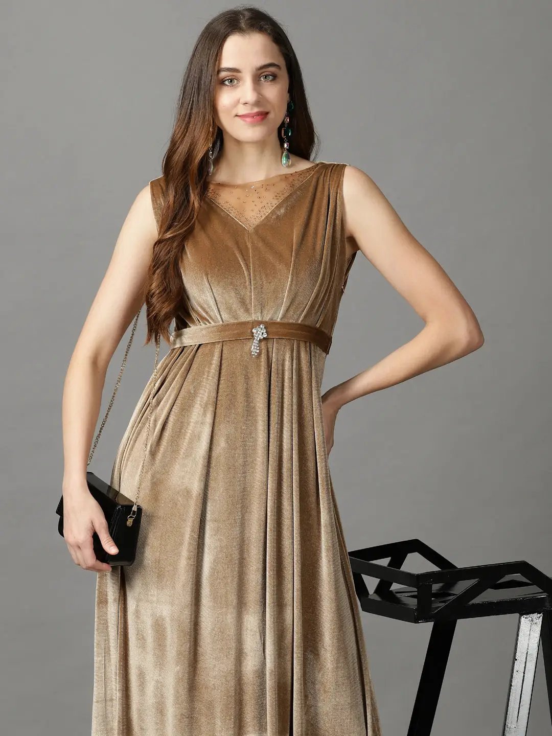 Women's Beige Solid Maxi Dress