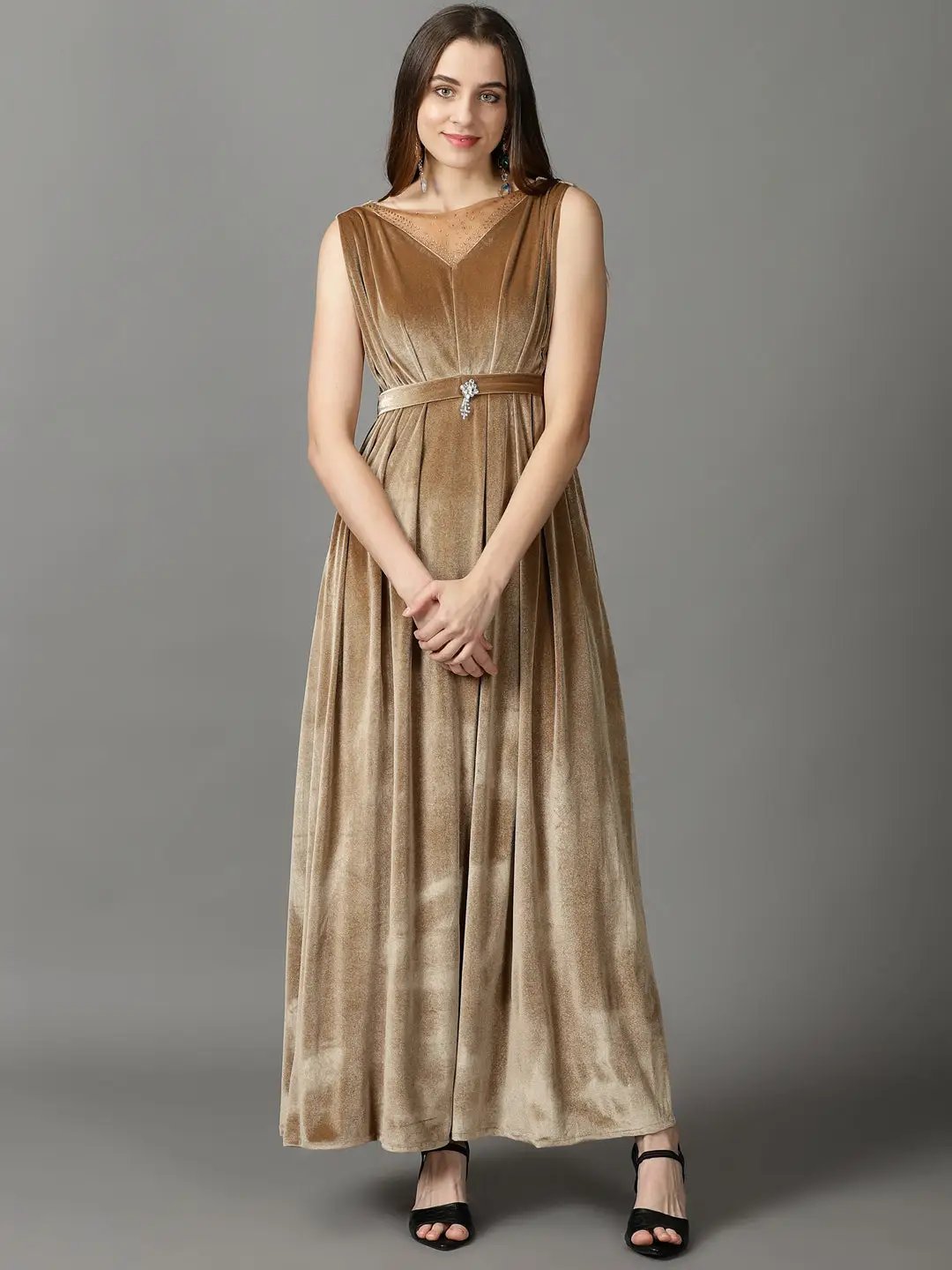 Women's Beige Solid Maxi Dress
