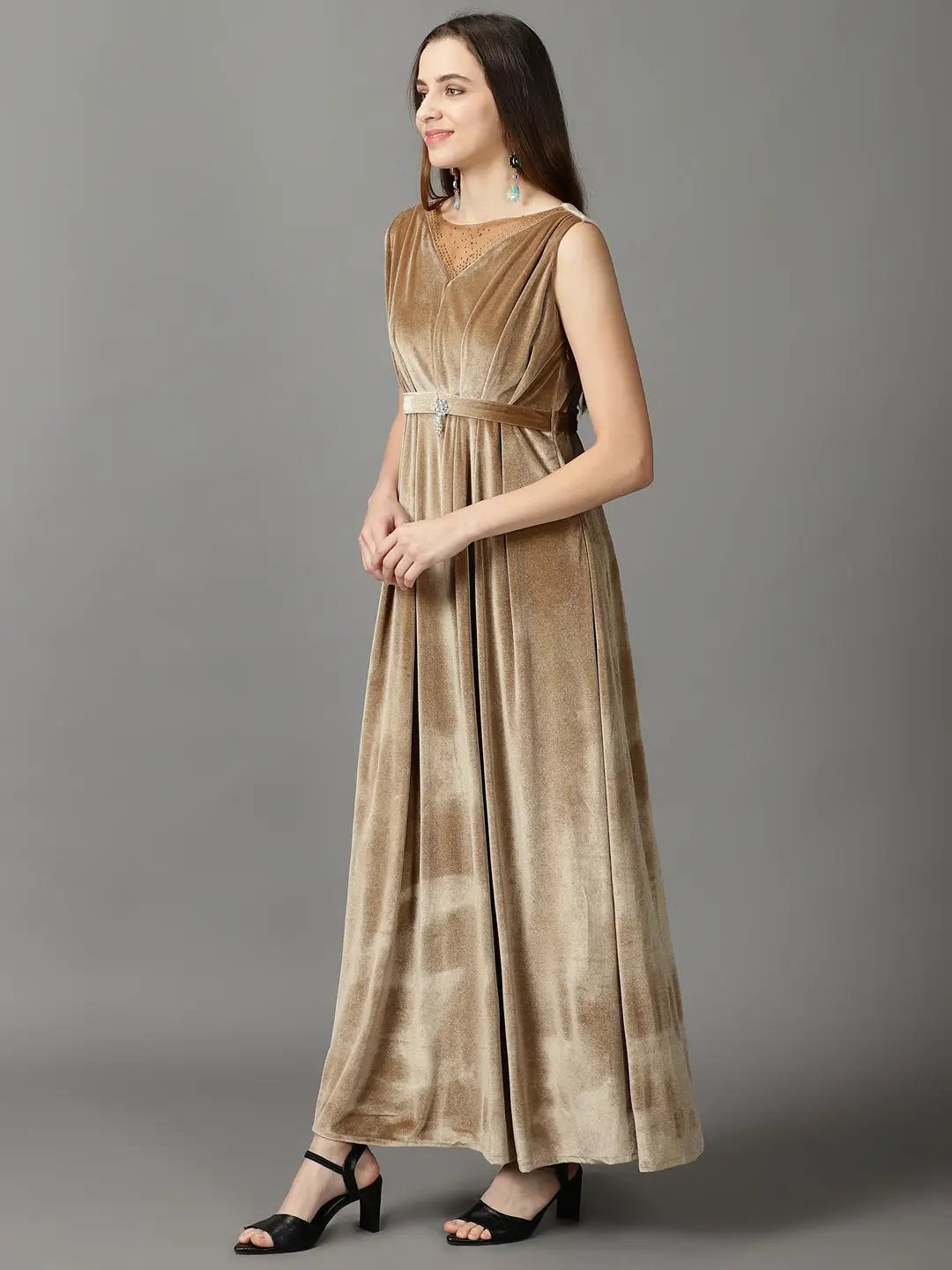 Women's Beige Solid Maxi Dress