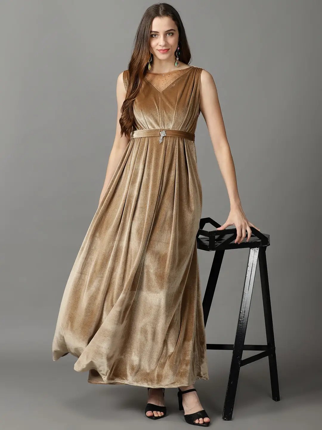 Women's Beige Solid Maxi Dress