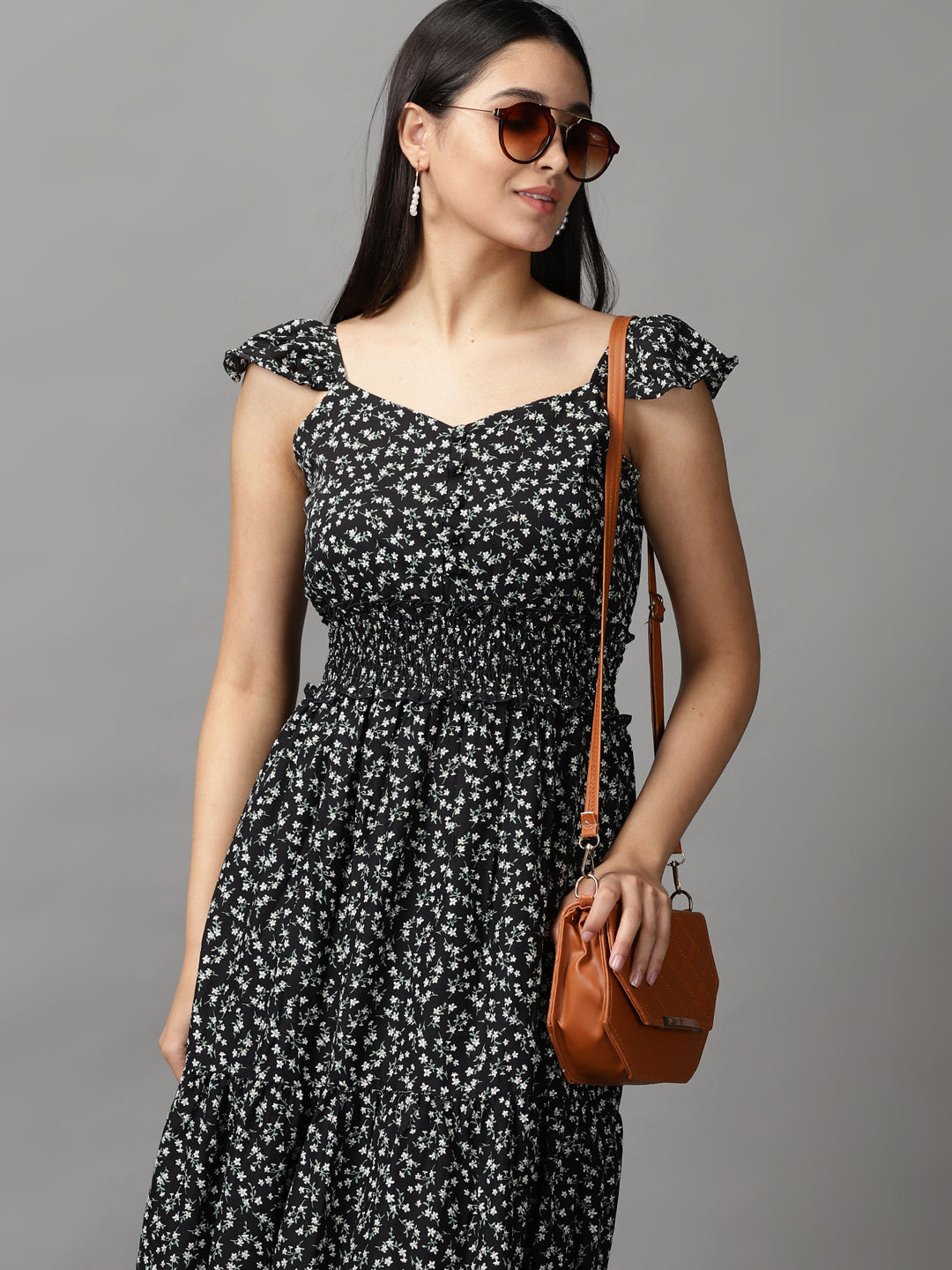 Women's Black Floral Fit and Flare Dress