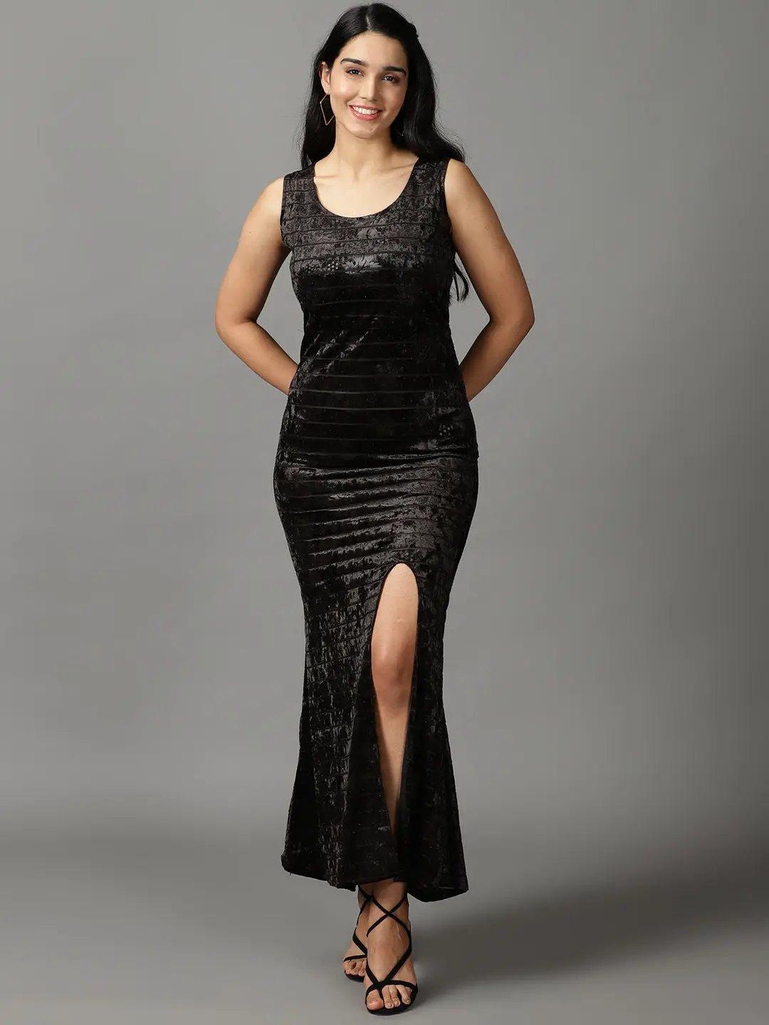 Women's Black Striped Sheath Maxi Dress